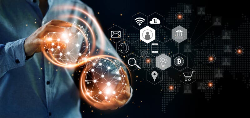 Abstract network. Man holding global structure networking royalty free stock photo