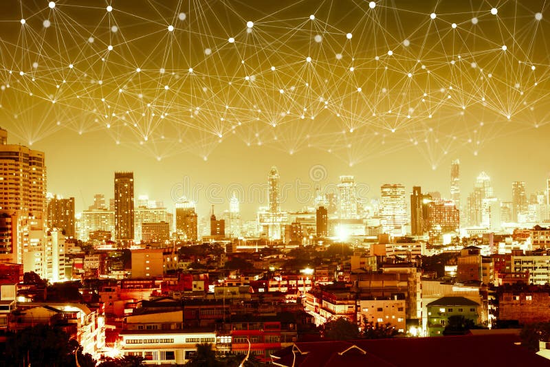 Abstract network web line connection over night modern city back royalty free stock photography