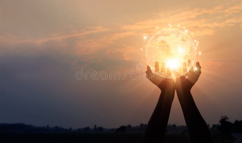 Abstract networking. Technology and communication. Hands holding global network and data exchanges on sunset background