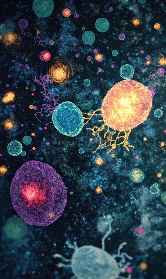 Abstract neural cells and synapses in deep space illustration royalty free stock photo