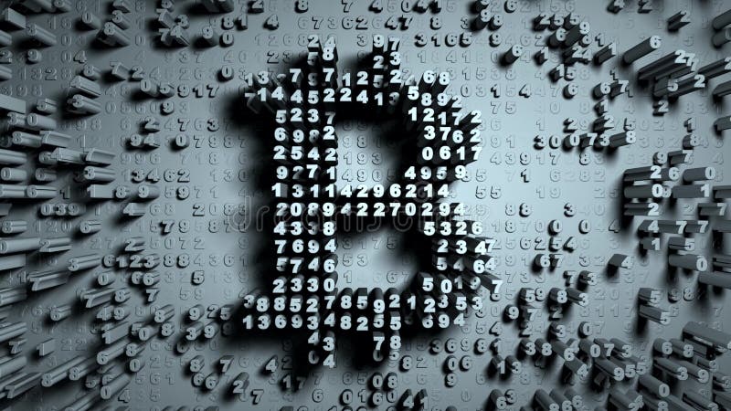 Abstract numbers Random motion in the form of coins bitcoin, gray color 3d