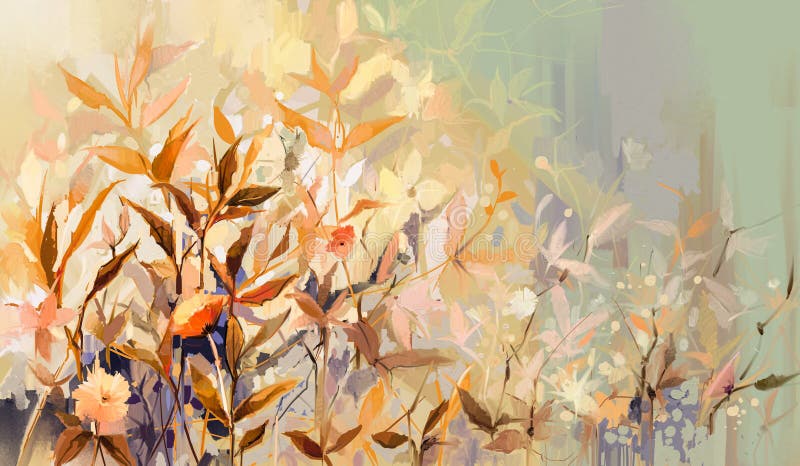 Abstract oil painting of colorful flower with orange, red, yellow leaf. Illustration hand painted, nature of fall, autumn season.