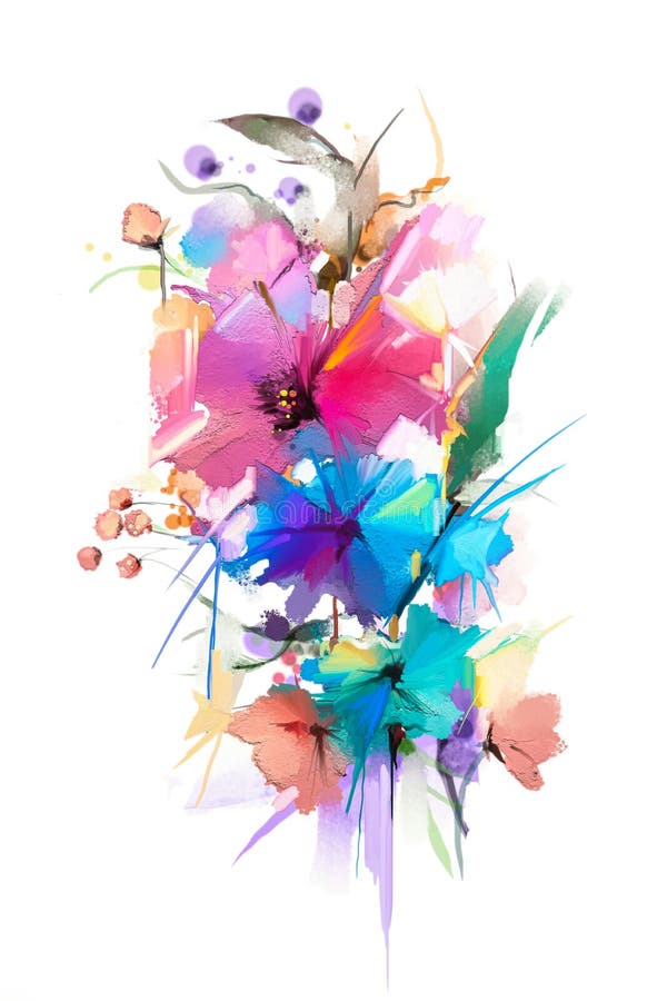 Abstract oil painting flower and leaf. Illustration isolated of spring, summer flowers paint design over white background.