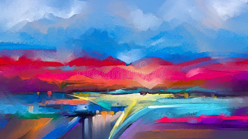 Abstract colorful oil painting on canvas. Semi- abstract image of landscape paintings background stock illustration