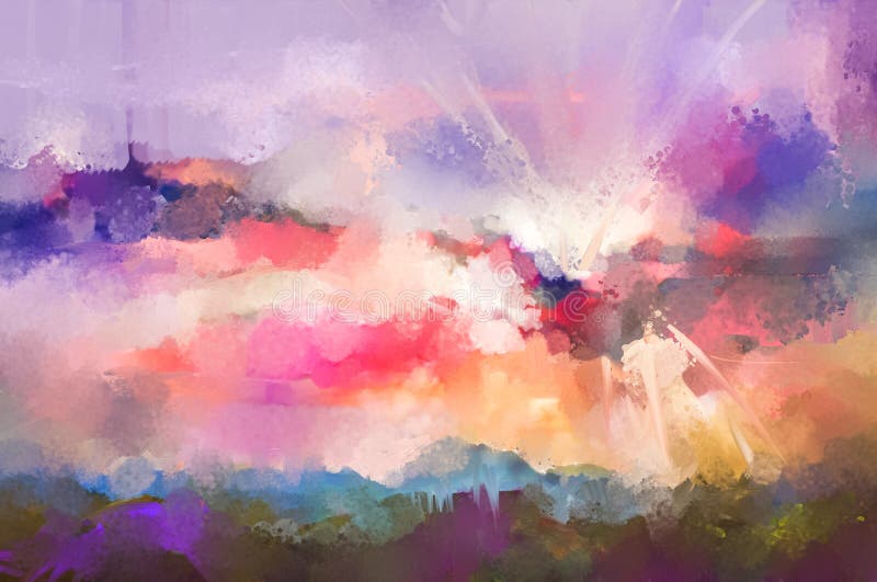 Abstract oil painting landscape. Semi abstract, colorful blue purple cloud and sun on sky. Illustration nature in summer or spring