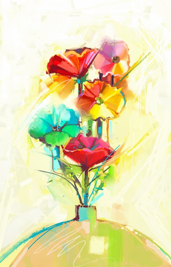 Abstract oil painting of spring flower. Still life of yellow, green and red gerbera and poppy