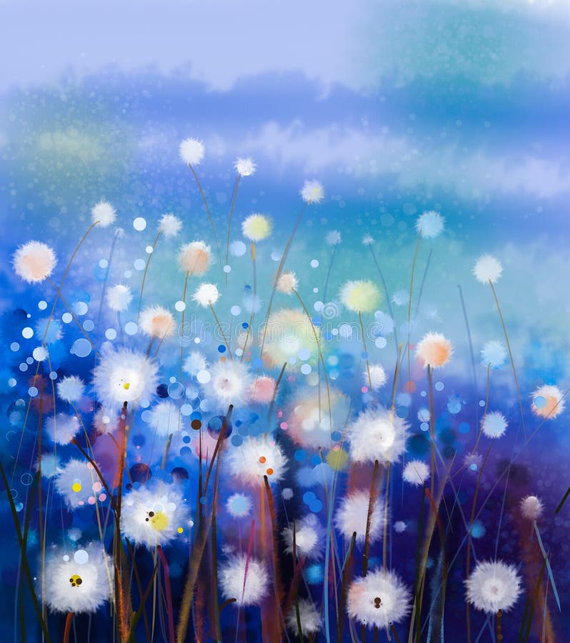 Abstract oil painting white flowers field in soft color stock illustration