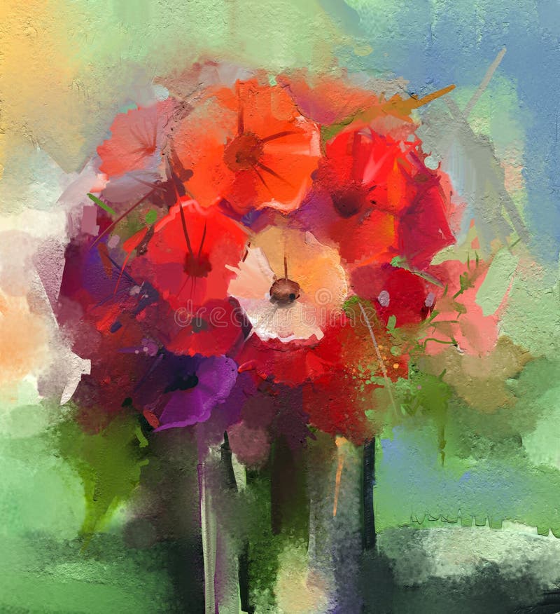 Abstract Oil paintings a bouquet of gerbera flowers in vase