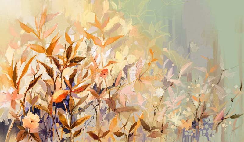 Abstract olieverschilderij van kleurrijke bloem met oranje rood blad. illustratie met handbeschilderd karakter van het najaarsseiz