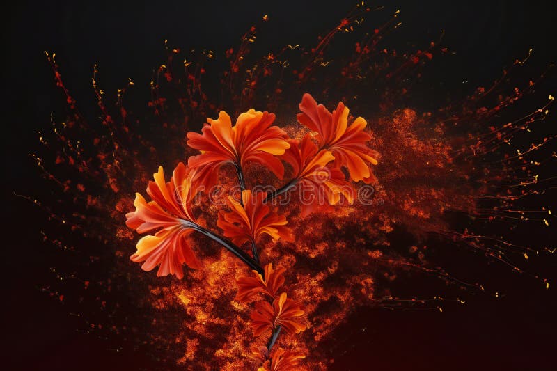 Abstract Orange Flower on Black Background with Fire Effect Stock Image