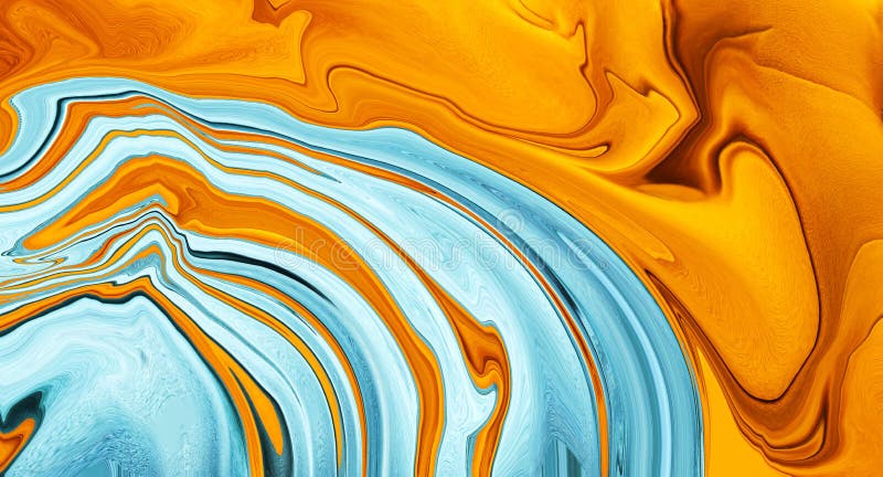 Abstract orange fluid texture background with blue water waves. Alcohol ink color gradient. Trendy Art flyer. Luxury poster.