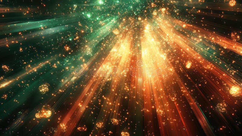Abstract orange green light rays glittering particles royalty free illustration