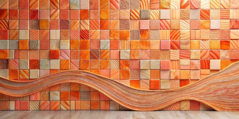 Abstract orange mosaic tile wall with decorative wave element. Generative AI stock illustration