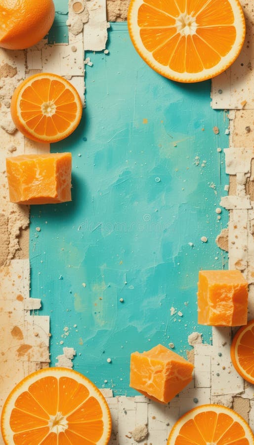 Abstract Orange Slices and Cubes on a Textured Blue and Beige Background stock photography