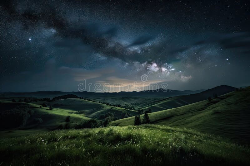 abstract, otherworldly scene of starry night sky and rolling hills