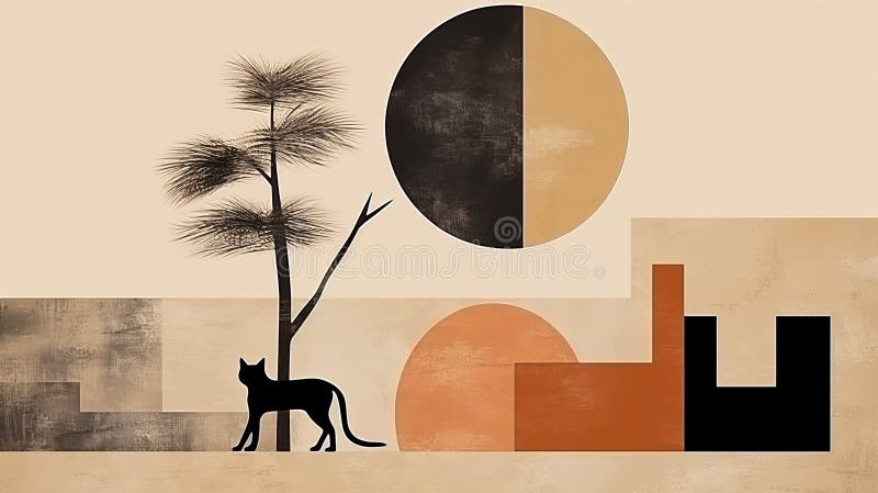 An abstract painting of a cat and a tree stock illustration