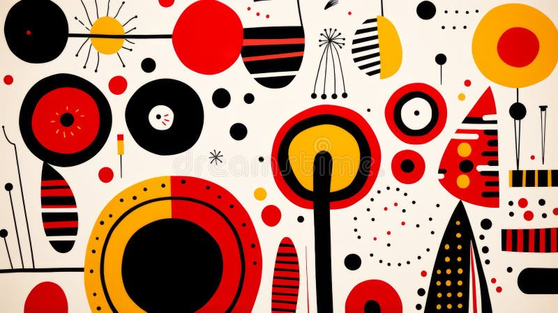 An abstract painting of circles circles and dots in red yellow black and white stock illustration