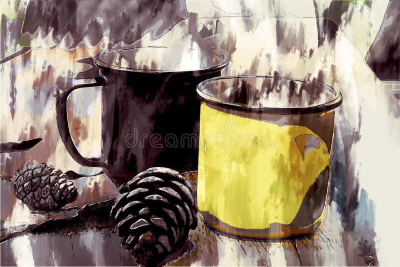 Abstract painting of coffee mug, leaf and pine cones, digital painting illustration