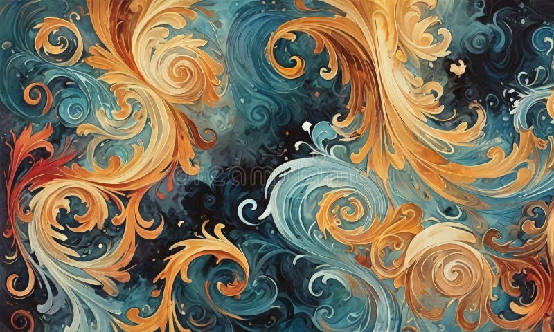 Abstract painting features swirling patterns orange, blue, and white, with dark blue background and lighter royalty free illustration