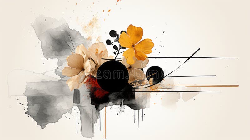 An abstract painting with flowers and black and white shapes stock illustration
