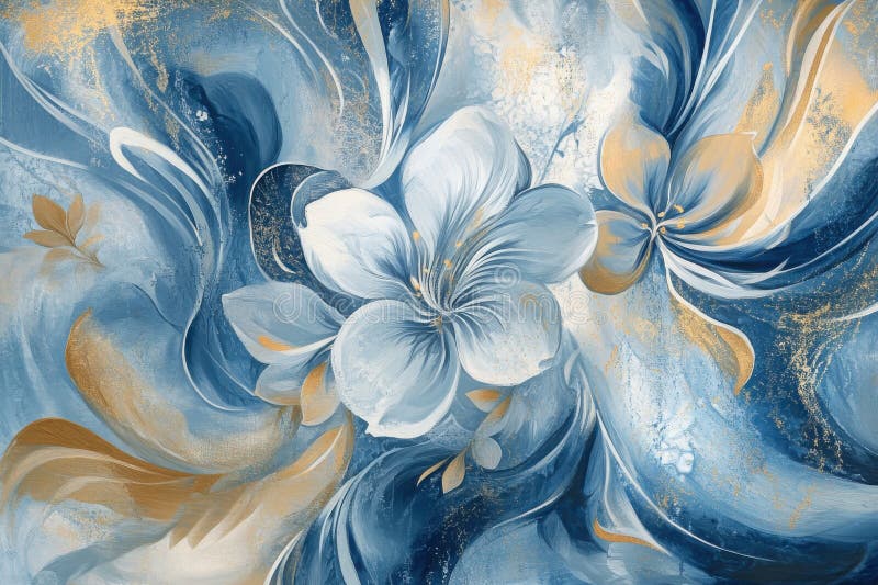 Abstract painting with flowing floral patterns in blue, gold, and white, creating a dynamic and calming composition vector illustration
