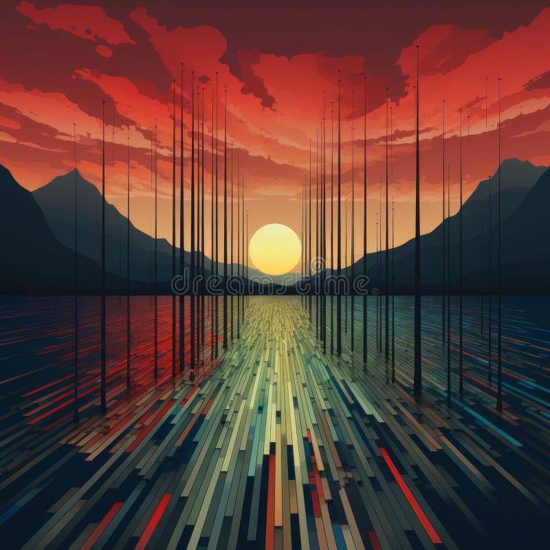 An abstract painting of a lake and mountains at sunset vector illustration