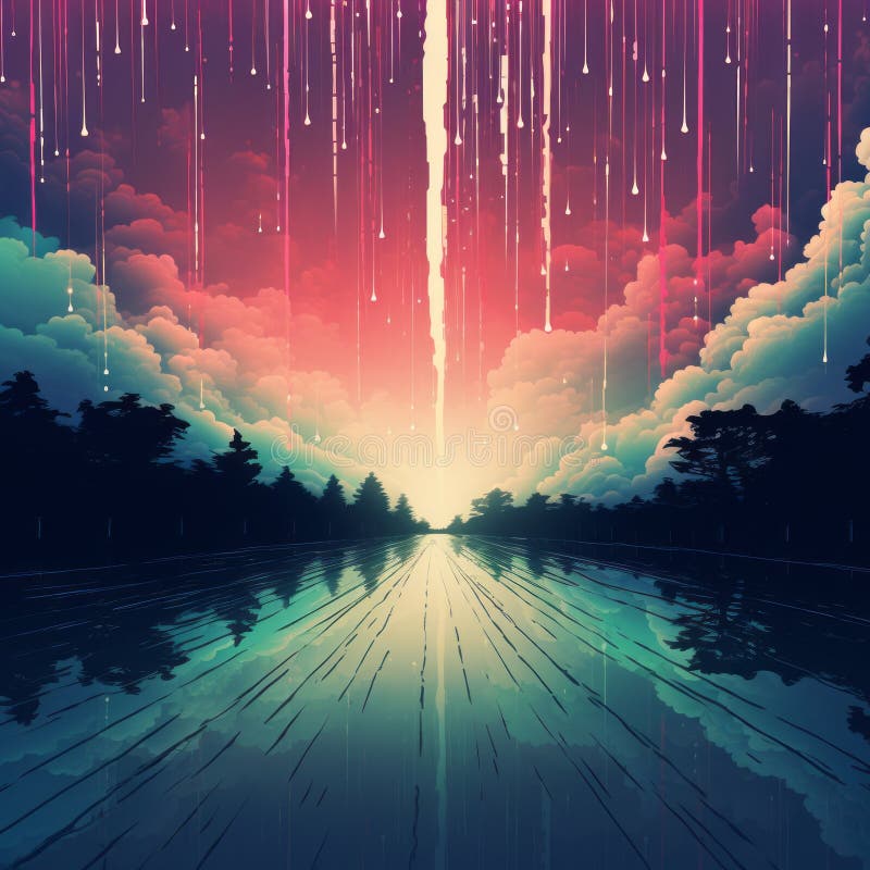 An abstract painting of a river and clouds stock illustration