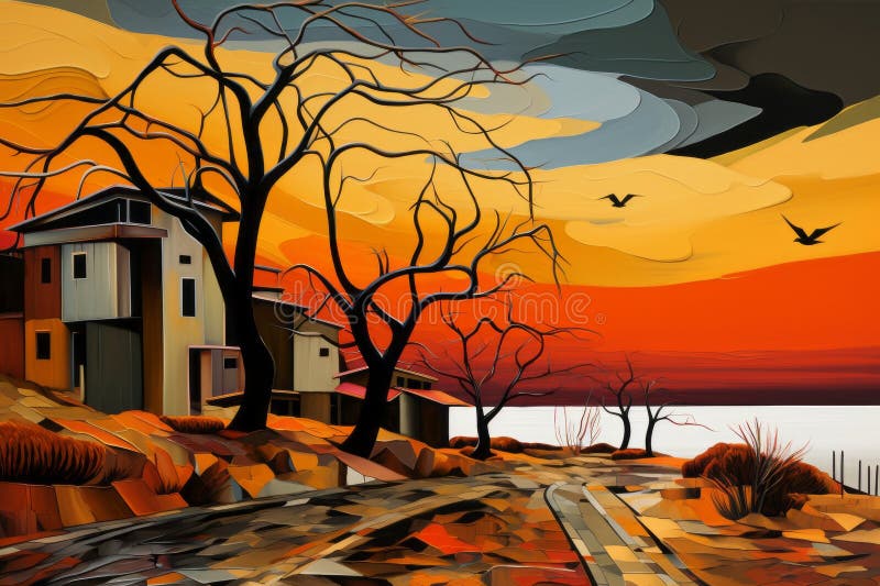 An abstract painting of a road and trees vector illustration
