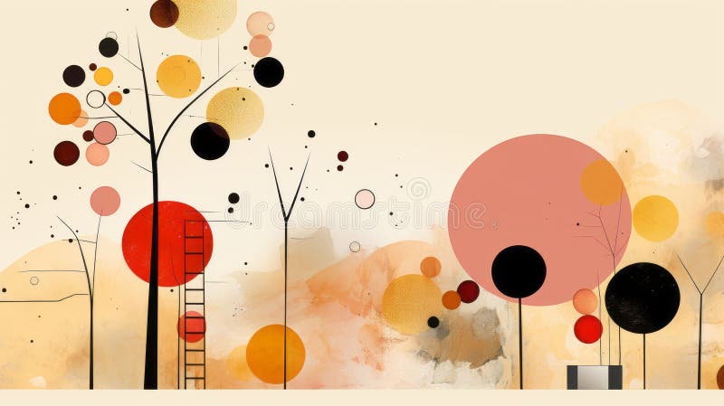 An abstract painting of trees and a ladder stock illustration