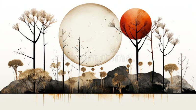 An abstract painting of trees rocks and an egg royalty free illustration