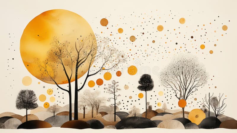 An abstract painting of trees and rocks in the forest stock illustration