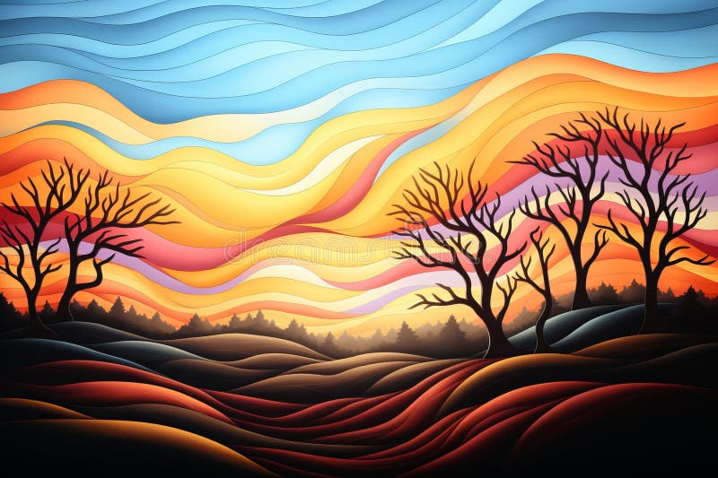 An abstract painting of trees and a sunset royalty free illustration