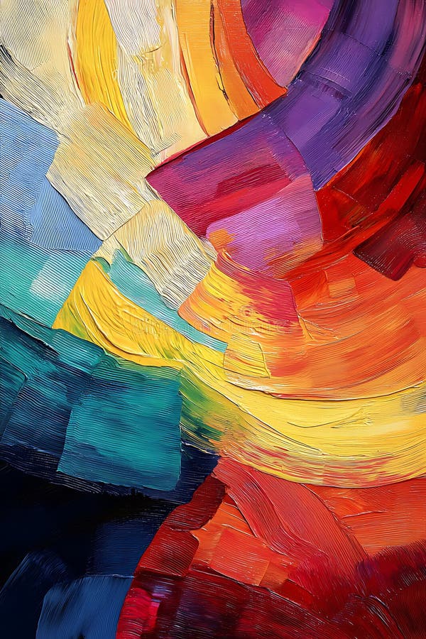 Abstract painting with vibrant, swirling strokes of oil paint. Dominant colors include stock illustration