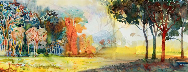 Abstract paintings watercolor landscape of ecology forest and meadow