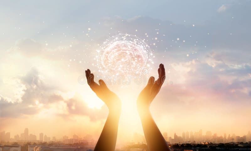 Abstract palm hands touching brain with network connection royalty free stock photos