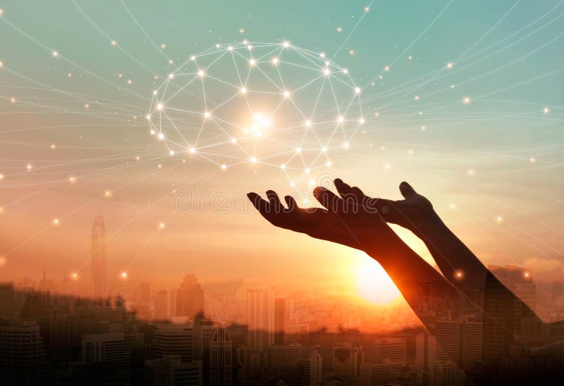 Abstract palm hands touching digital brain network connections, telecommunication, innovative technology in science and vector illustration