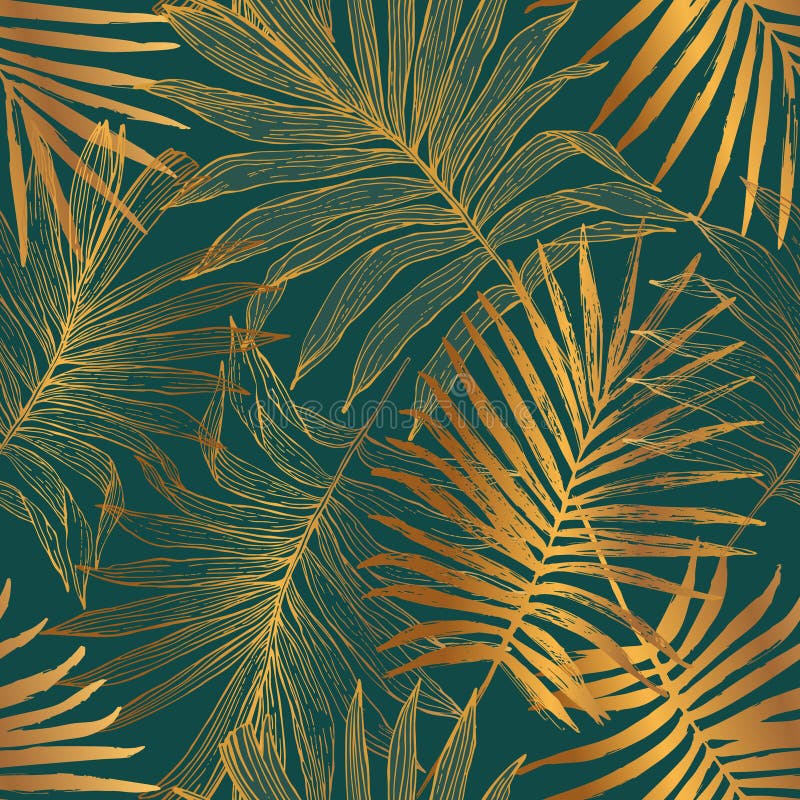 Abstract Palm leaf line art, silhouette on luxury green color background