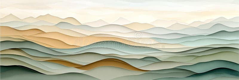 Abstract Paper Carved Landscape Muted Mustard and Sage Green Wave Patterns in Modern Art Style vector illustration