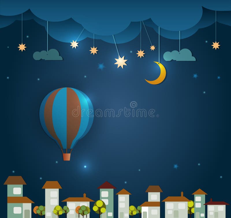 Abstract paper cut-Hot air balloon ,cloud,sky and moon with stars at night .Blank space for your design