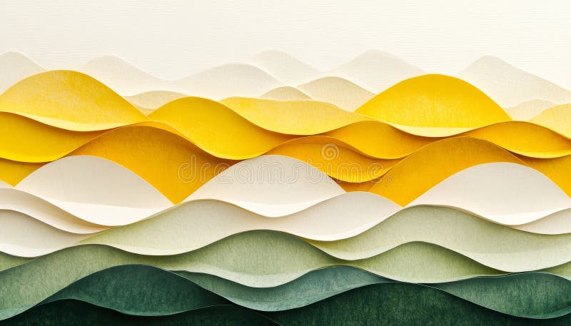 Abstract Paper Landscape, Muted Mustard and Sage Green Waves, Layered Design, Modern Art Style royalty free illustration