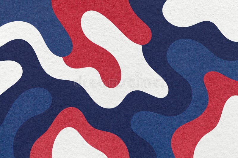 Abstract paper texture background with navy blue, white, red camouflage pattern with wavy lines and shapes stock image