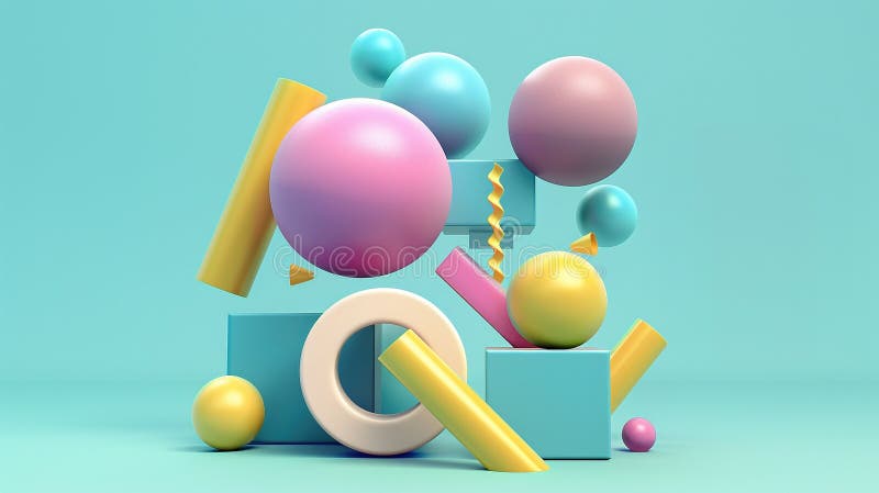 Abstract pastel geometric shapes on mint backdrop 3d rendering image, stock illustration.