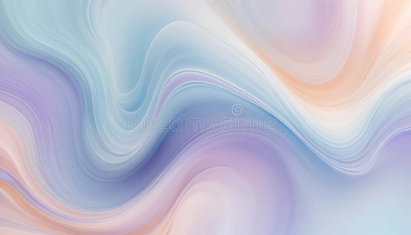 Abstract pastel wave background, flowing dynamic curves and swirls in soft blue, purple and peach tones stock illustration