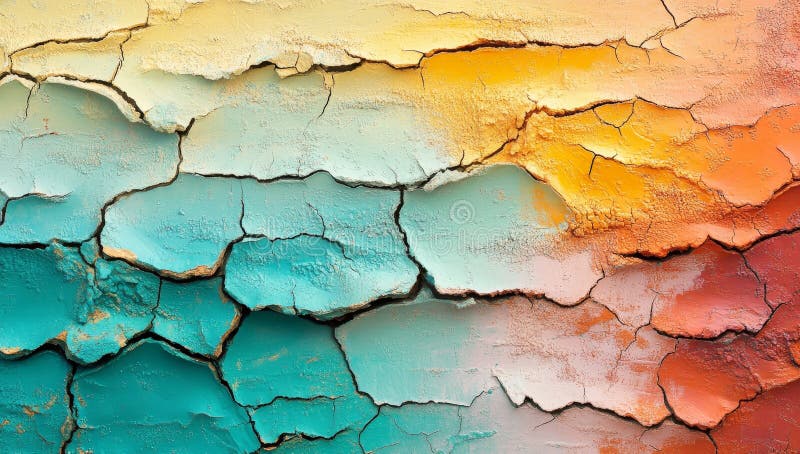 An abstract pattern is created by cracked clay in various colors stock photo
