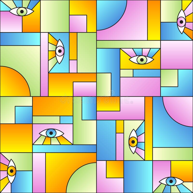Abstract pattern with eyes in geometric shapes grid scandinavian fashion retro textile print. vector illustration Abstract pattern with eyes in geometric shapes grid scandinavian fashion retro textile print. vector illustration