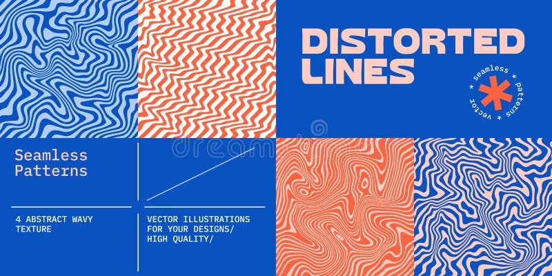 Abstract Patterns with Lines and Waves. Vector Wavy Seamless Backgrounds. Retro Psychedelic Graphic. Liquid Water royalty free stock photo