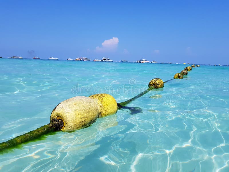 Abstract photo of Yellow buoys on a rope in the sea. Fencing fo