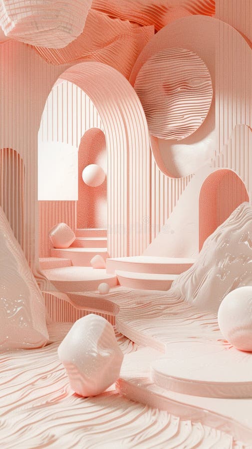 Scenă roz abstractă 3d cu forme geometrice și suprafețe texturate vector illustration