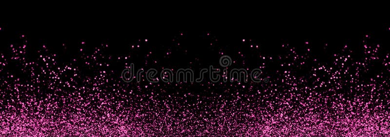 Abstract pink defocused glitter holiday panorama background on black. Falling shiny sparkles. New year Christmas glowing backdrop.