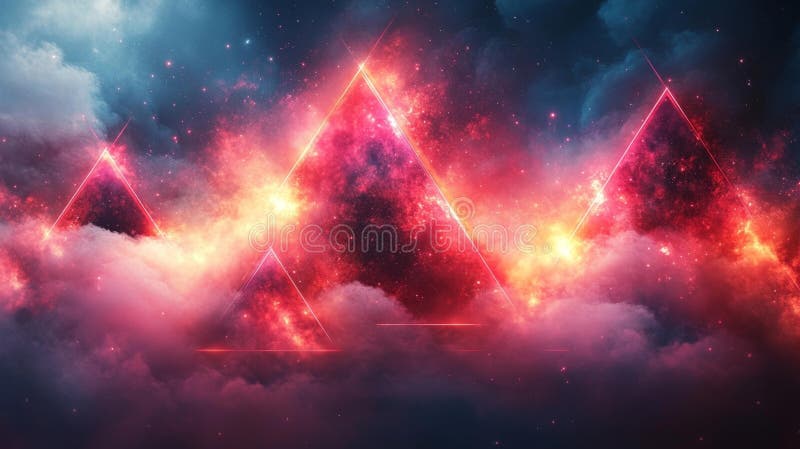 Abstract Pink Neon Geometric Triangles and Cosmic Cloud Effects in a Dreamy Space stock illustration